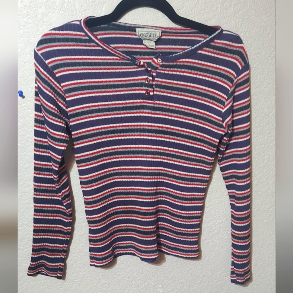 Vintage 90's Y2k Striped Long Sleeve Knit Shirt Women's Size Large Croquet Club